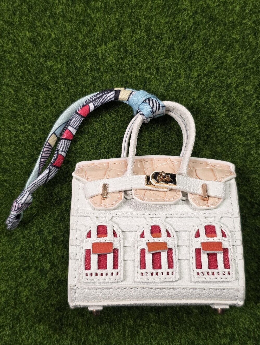 Leather Mini Tote Bag in White with Scarf Accent